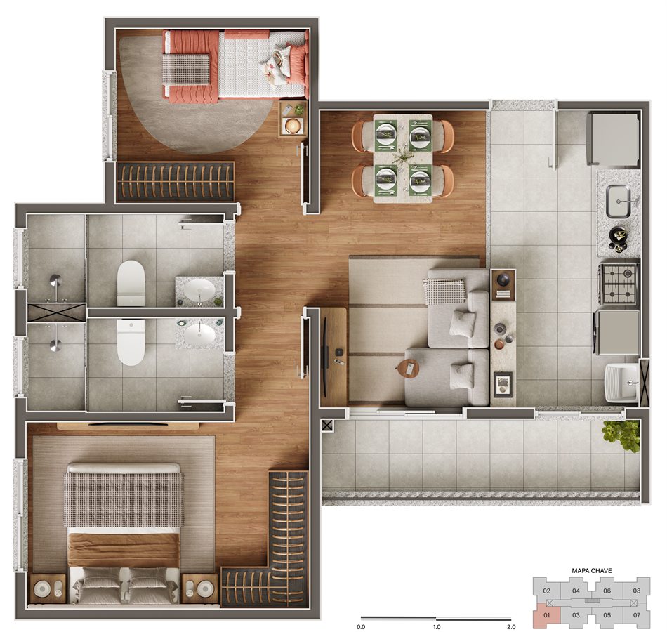 Planta do apartamento de 2 quartos, com sala, cozinha, suíte, segundo quarto e banheiro social